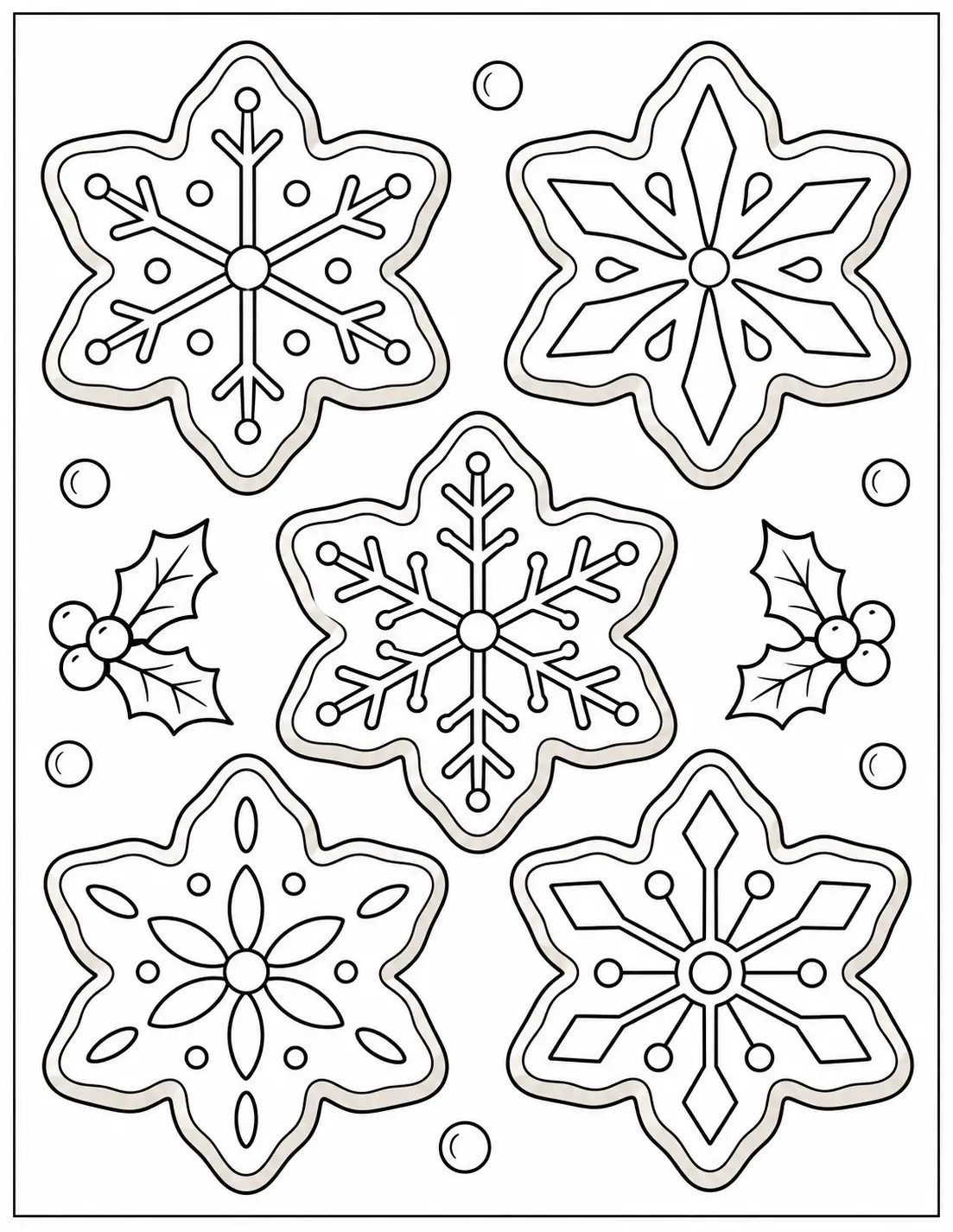 Five snowflake sugar cookies with icing patterns coloring page