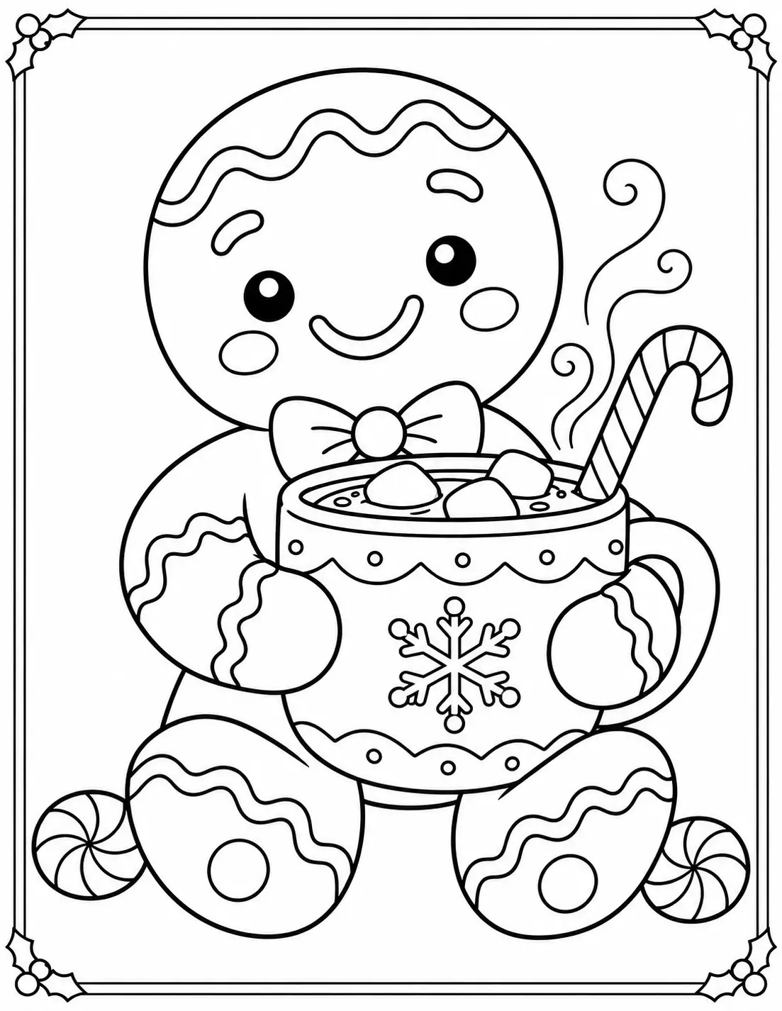 Gingerbread cookie holding a mug of hot cocoa with marshmallows coloring page