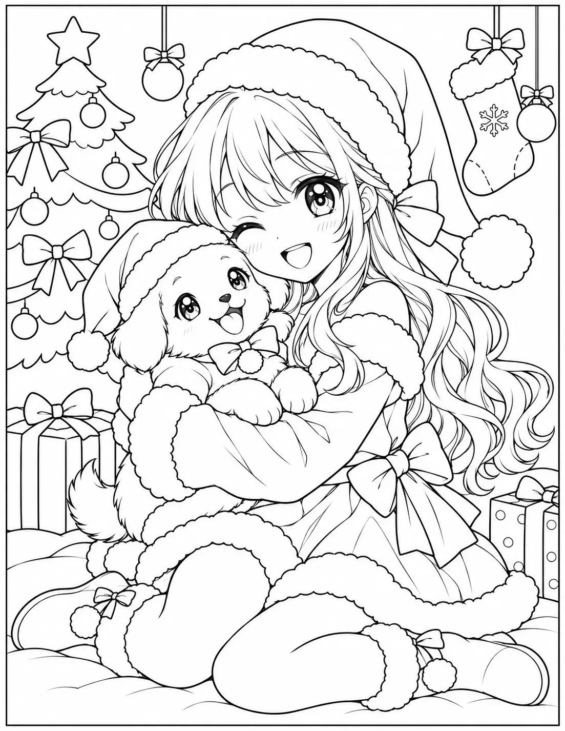 Anime girl cuddling a puppy wearing a Santa hat coloring page