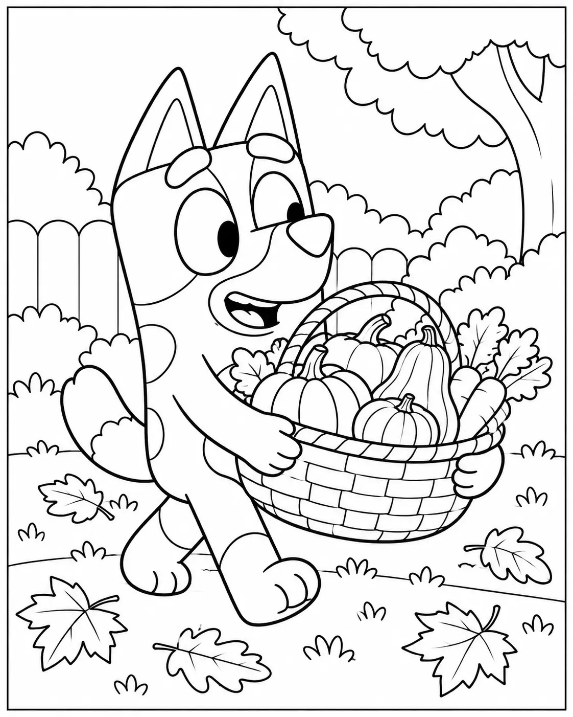 Bluey carrying a Thanksgiving harvest basket coloring page