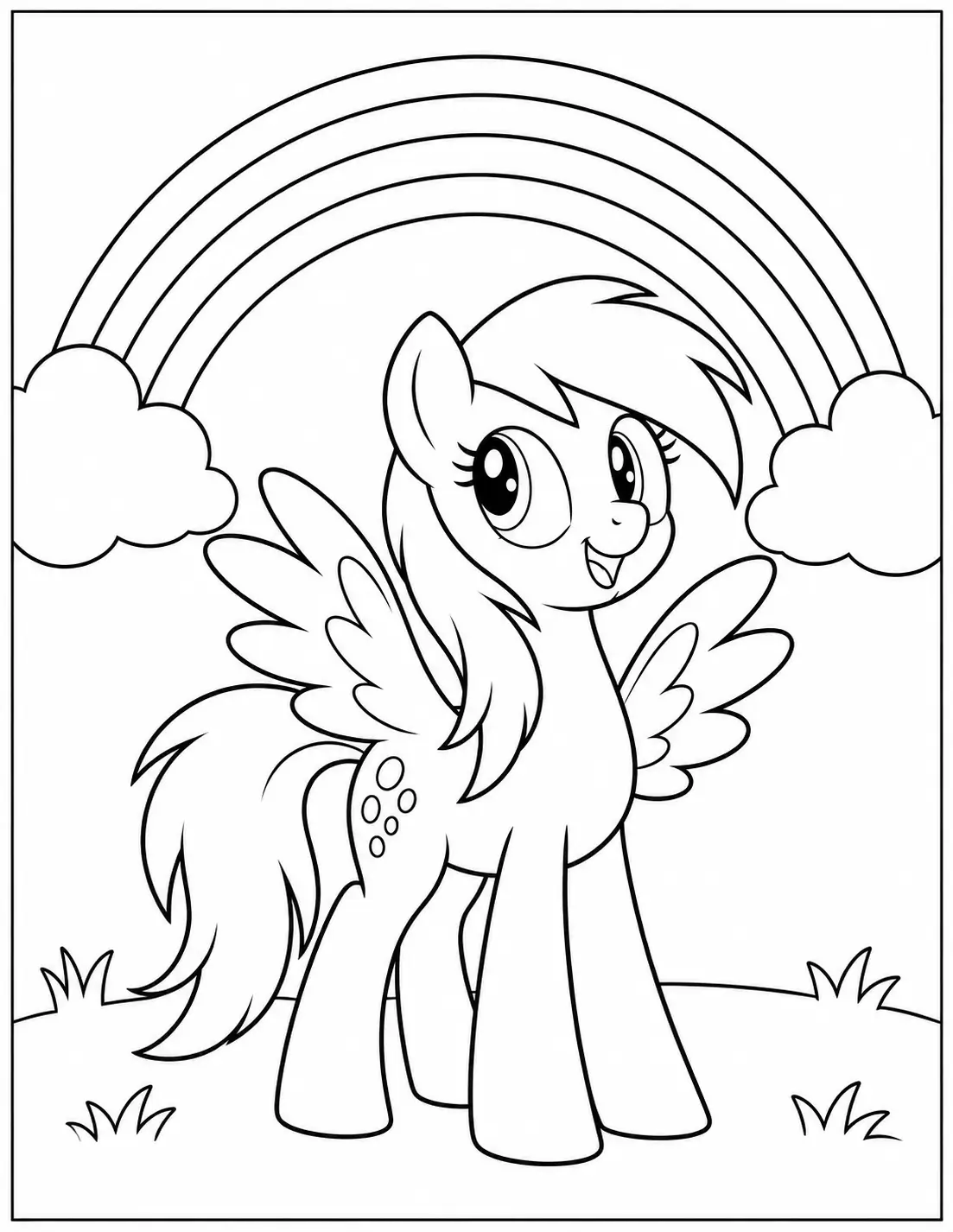 Derpy Hooves standing under a rainbow coloring page