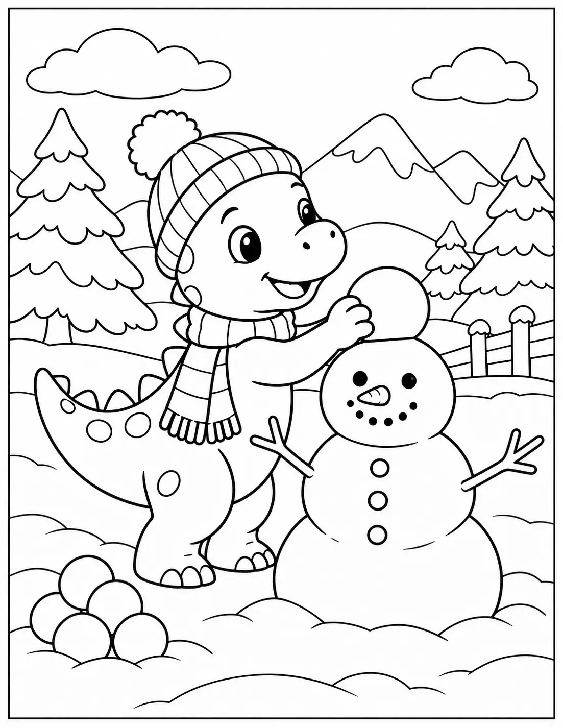 Dinosaur wearing a winter hat and scarf building a snowman coloring page
