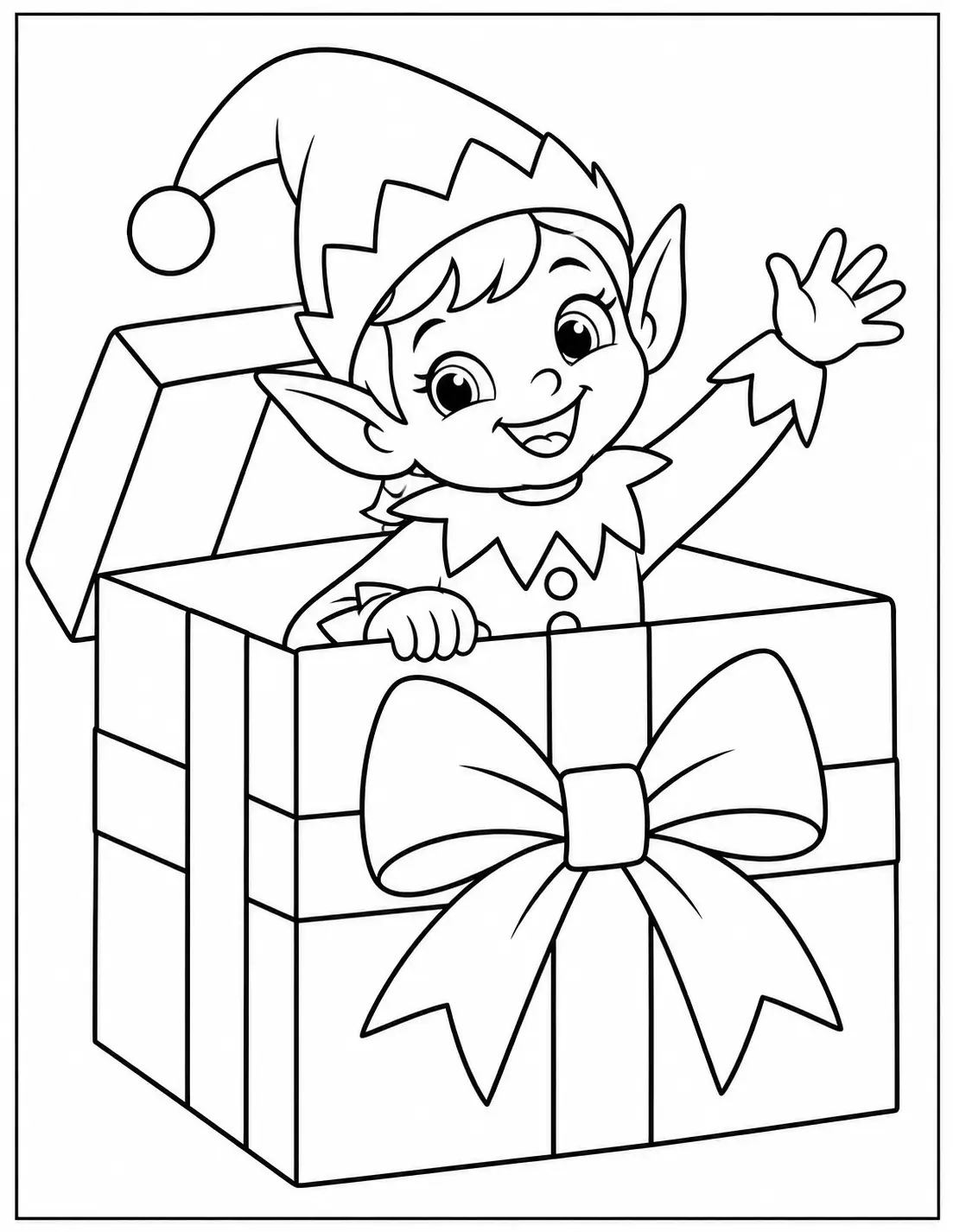 Smiling Christmas elf waving from inside a giant gift box coloring page
