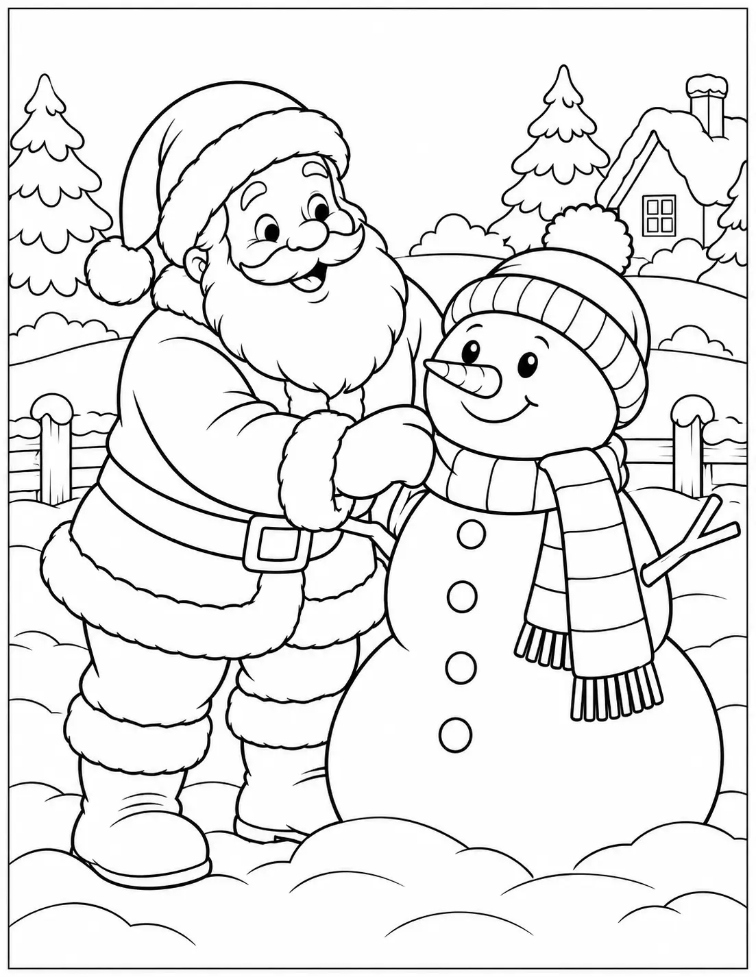 Santa Claus standing beside a smiling snowman in a snowy scene coloring page
