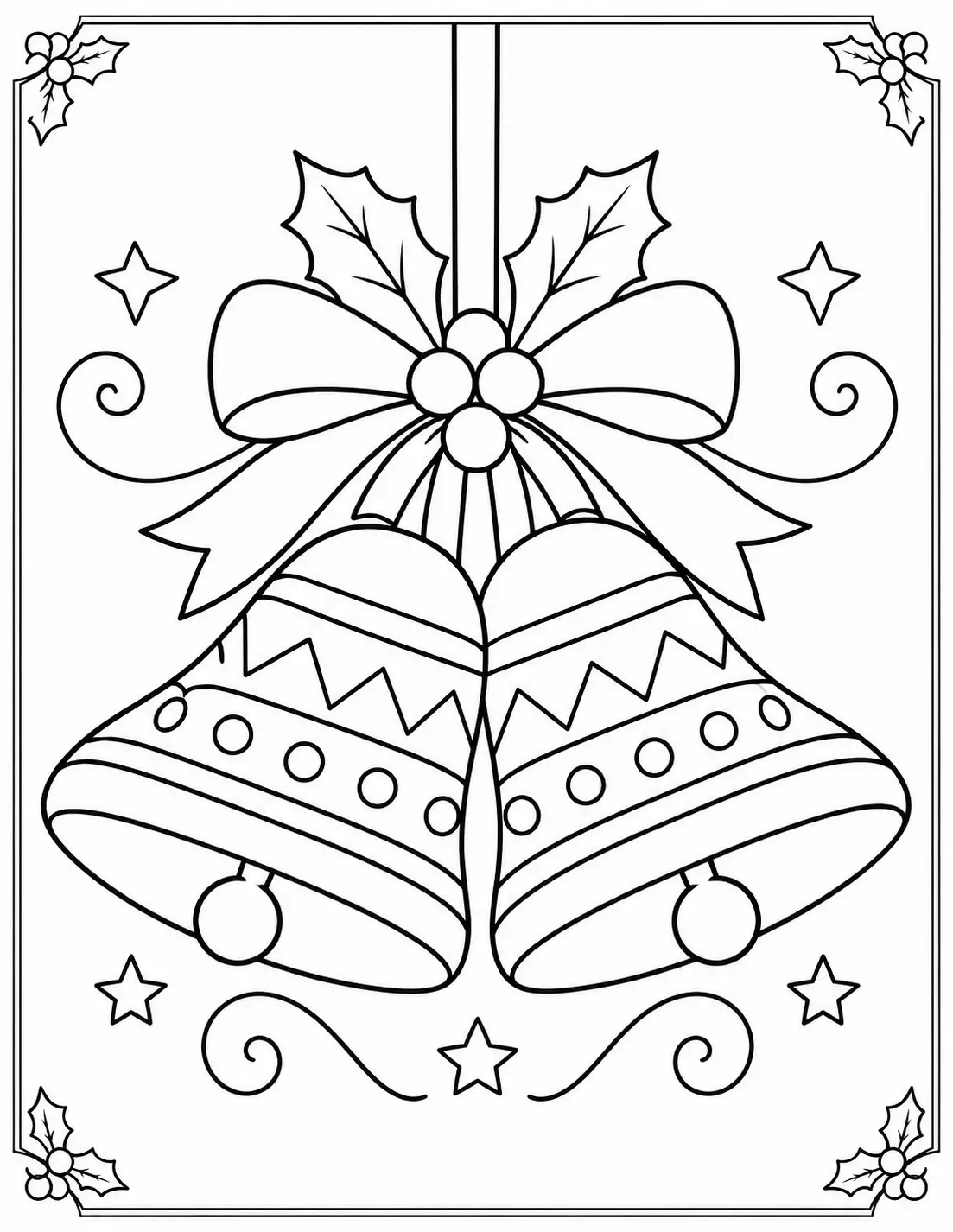 Pair of Christmas bells tied together with ribbon and holly coloring page