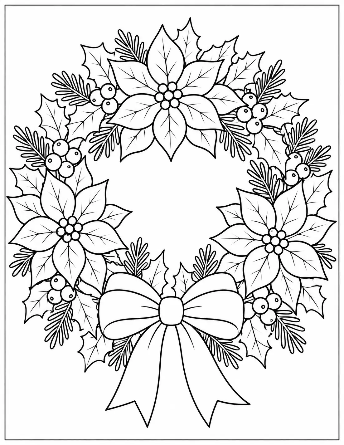 Christmas wreath with large poinsettia flowers and holly leaves coloring page