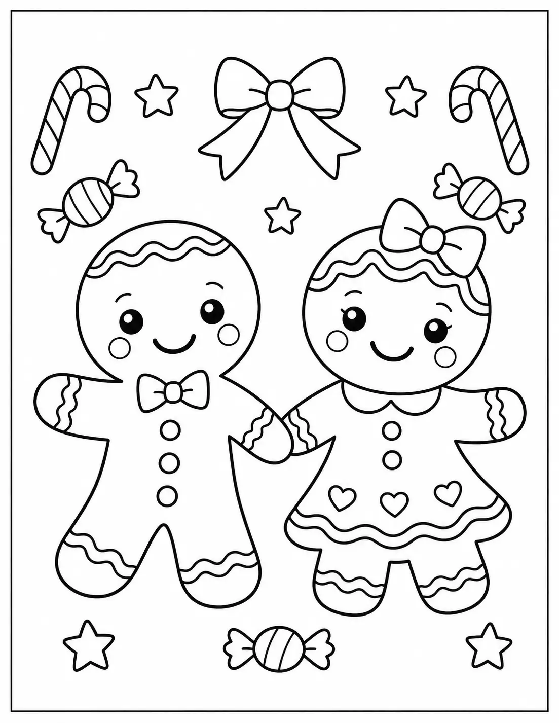 Gingerbread boy and girl holding hands coloring page