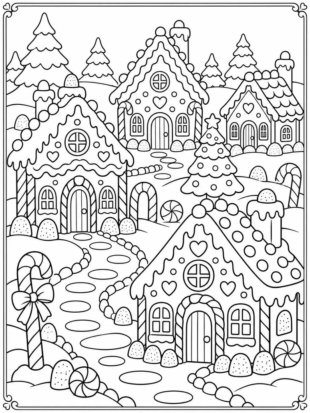 Gingerbread Christmas village with candy-covered houses, icing roofs, and candy canes