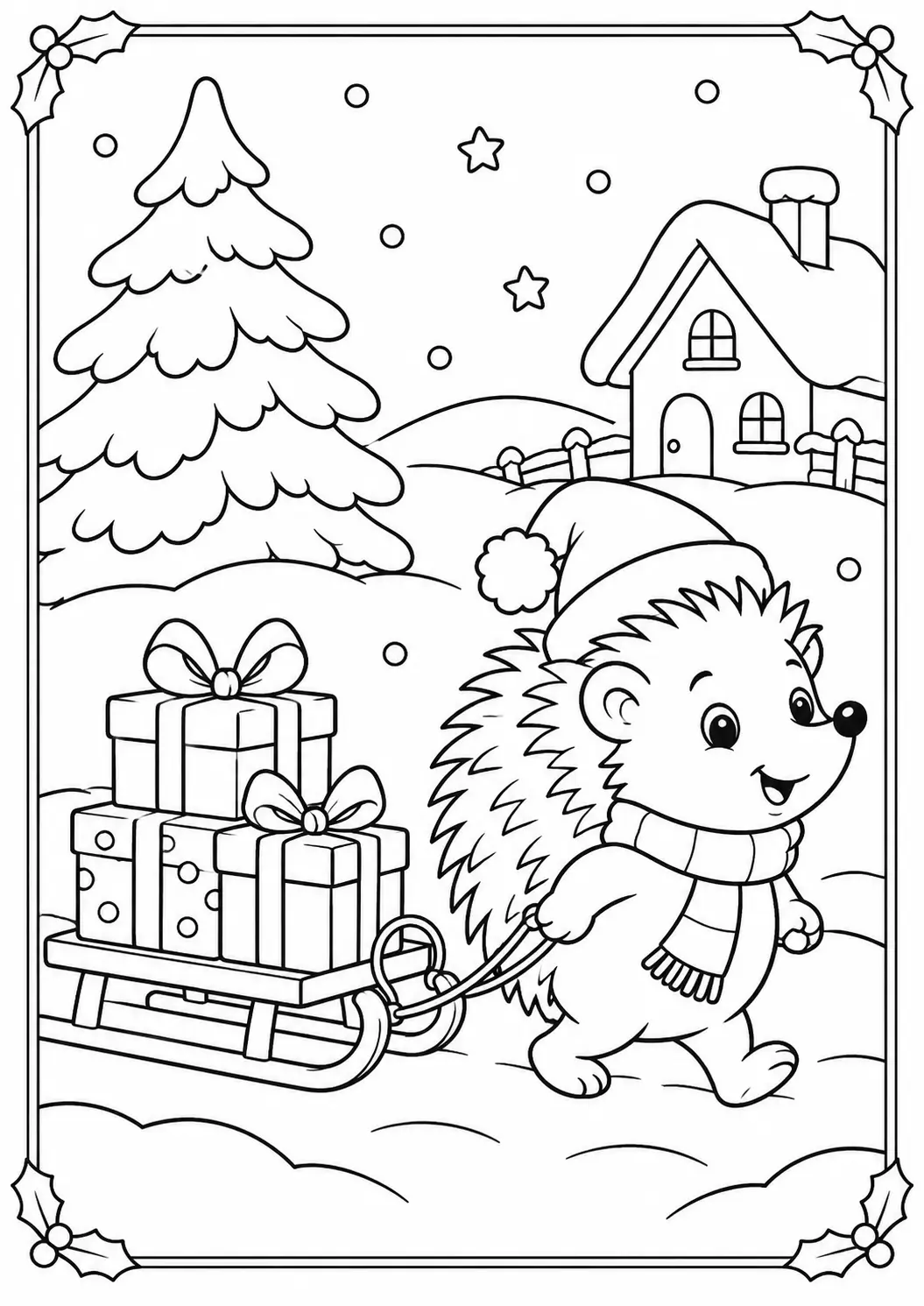 Hedgehog pulling a sled full of Christmas presents through snow coloring page