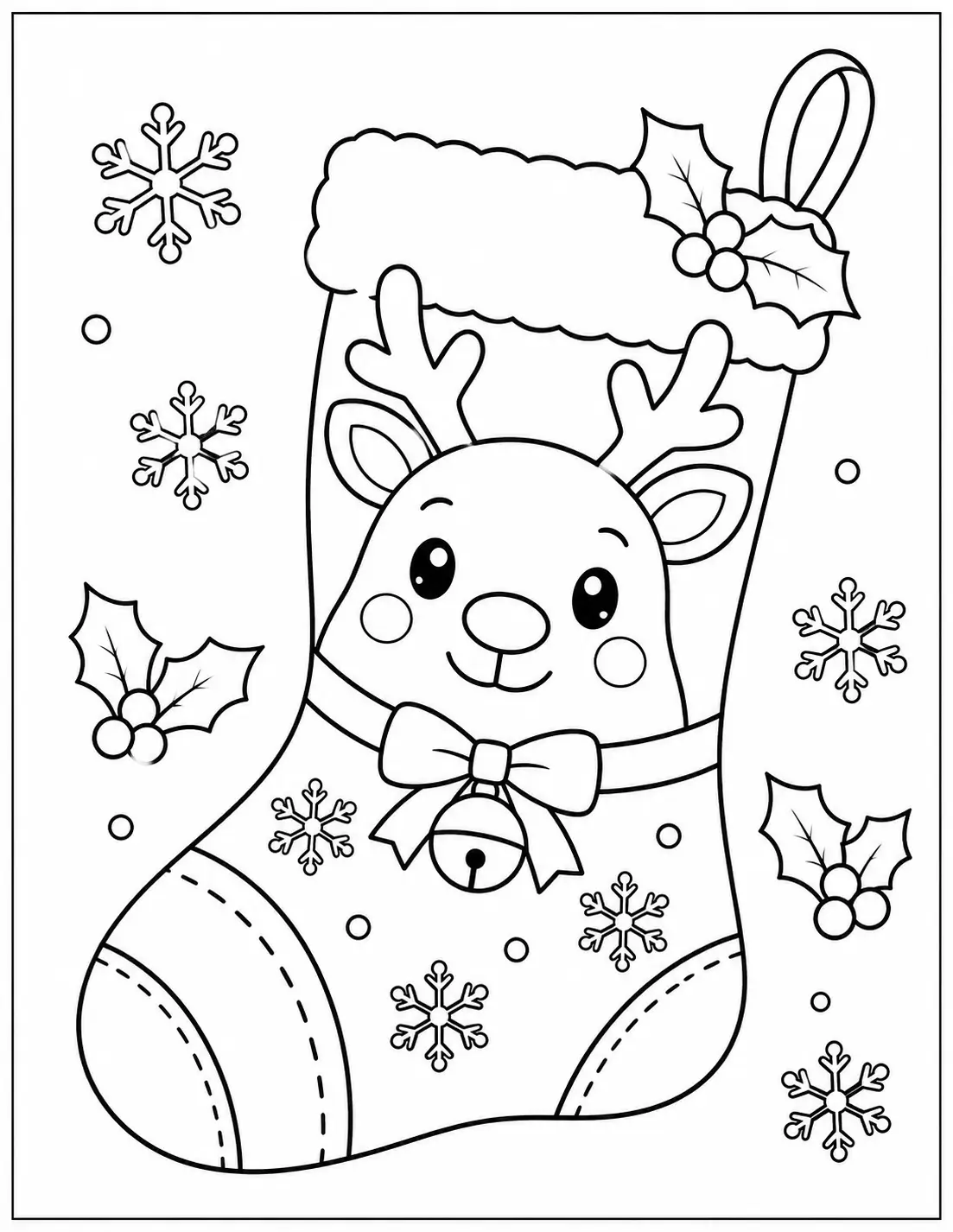 Christmas stocking with smiling reindeer face, antlers, and snowflakes coloring sheet