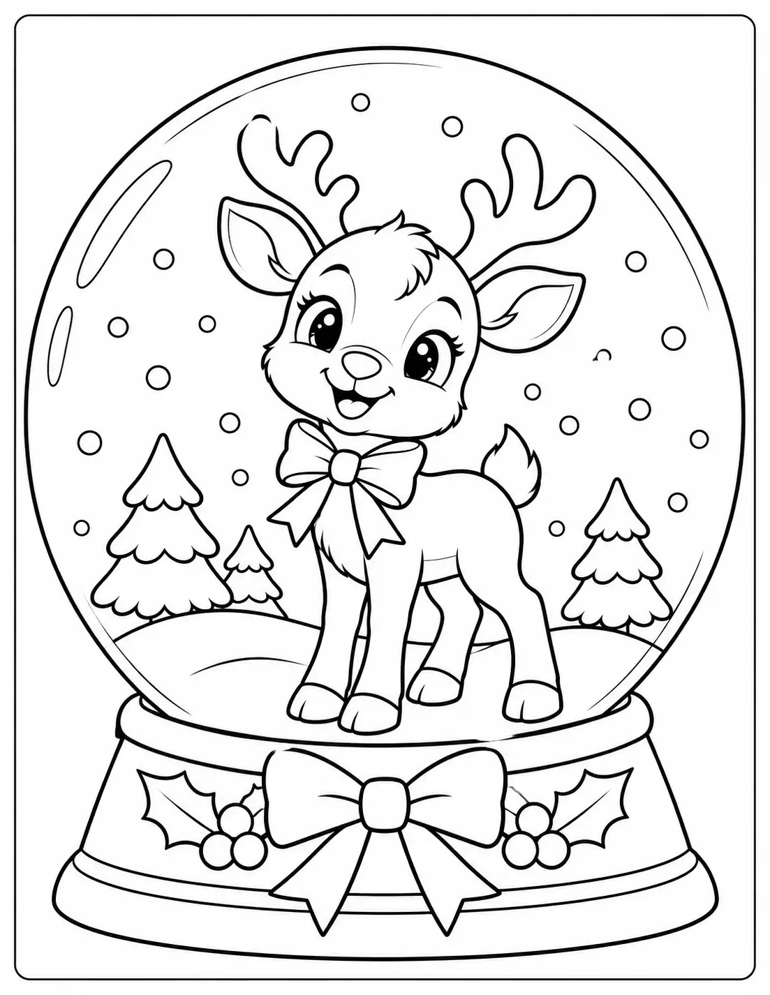 Smiling reindeer in a snow globe with pine trees coloring page