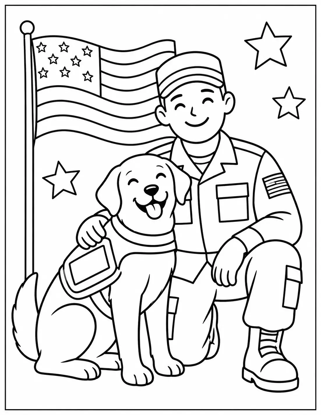 Smiling veteran sitting with a service dog beside an American flag coloring page