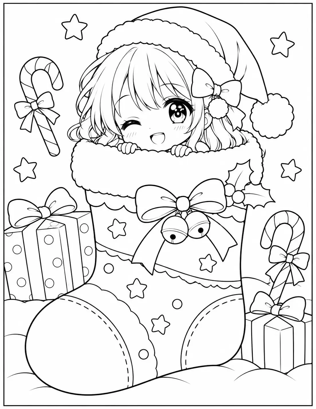Chibi anime girl peeking out of a giant Christmas stocking coloring page