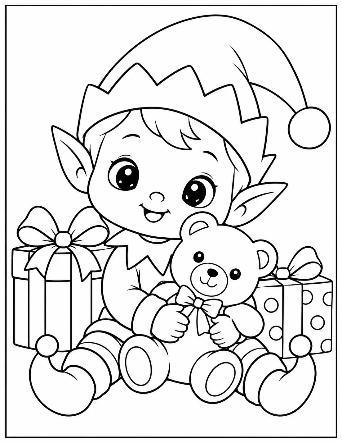 Baby Christmas elf hugging a teddy bear beside presents coloring page