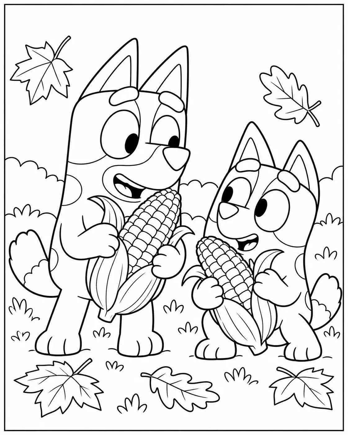 Bluey and Bingo holding corn coloring page