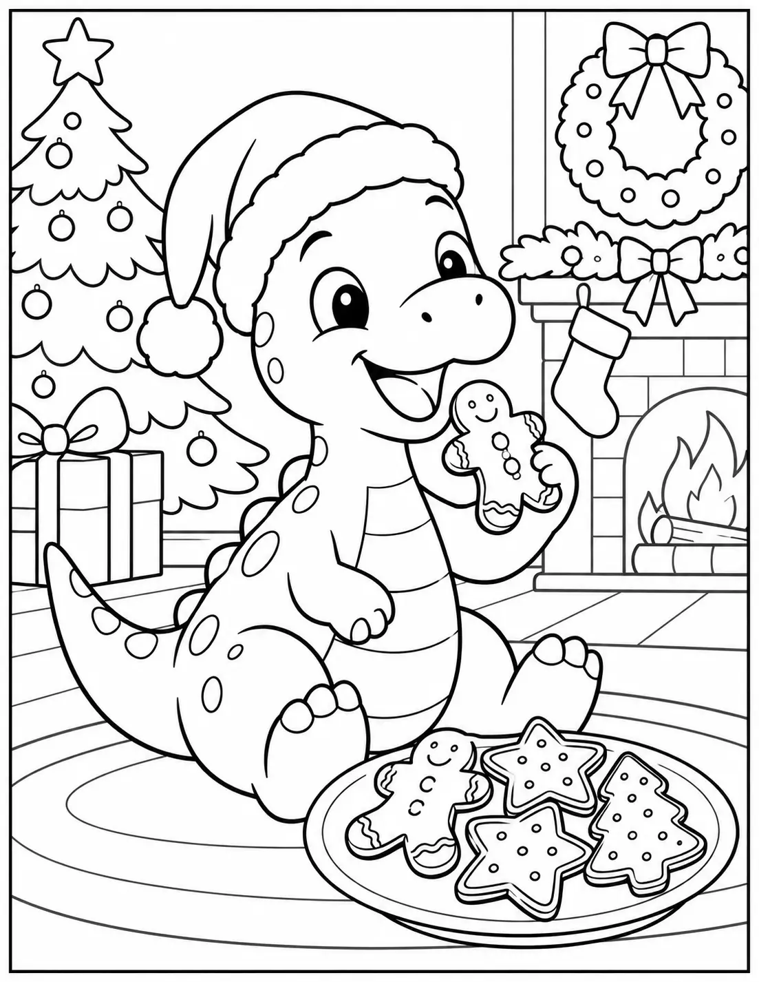 Happy dinosaur enjoying gingerbread Christmas cookies beside a fireplace coloring page