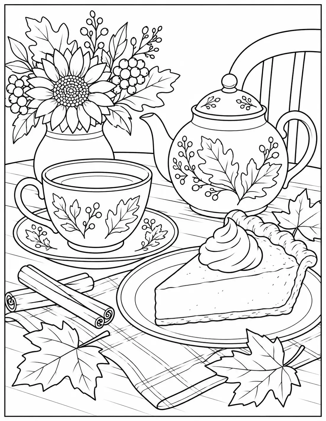 Fall tea time adult Thanksgiving coloring page