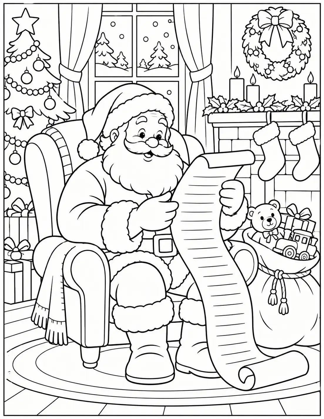 Santa Claus reading his long Christmas list in a chair coloring page