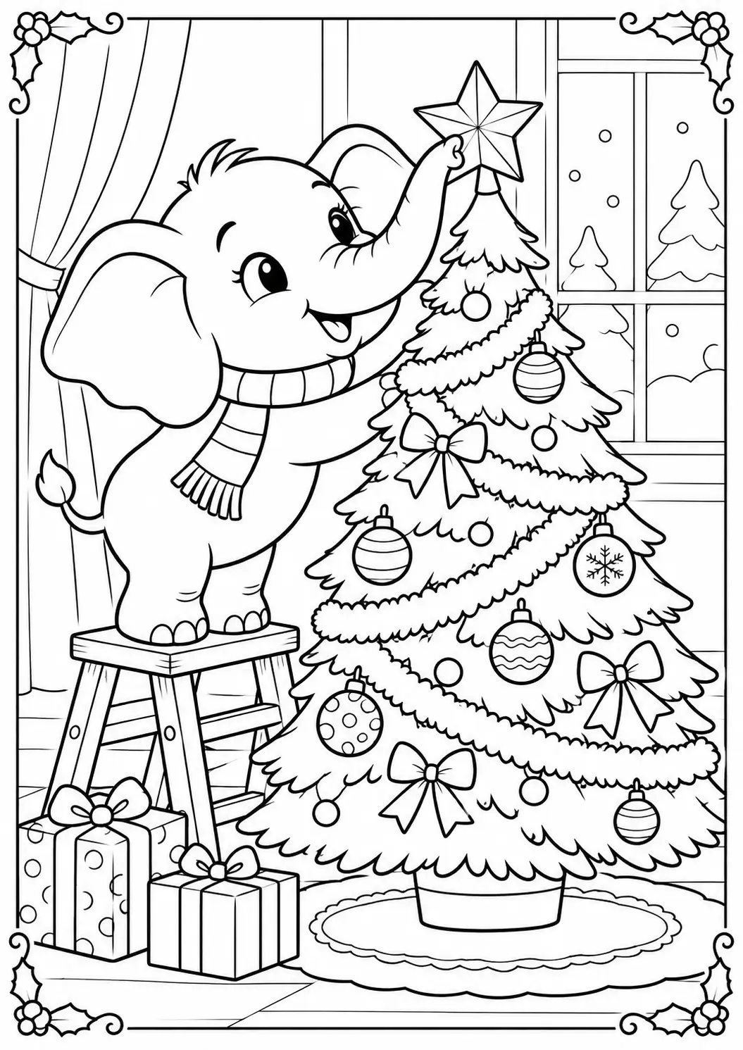 Baby elephant using its trunk to place a star on a Christmas tree coloring page