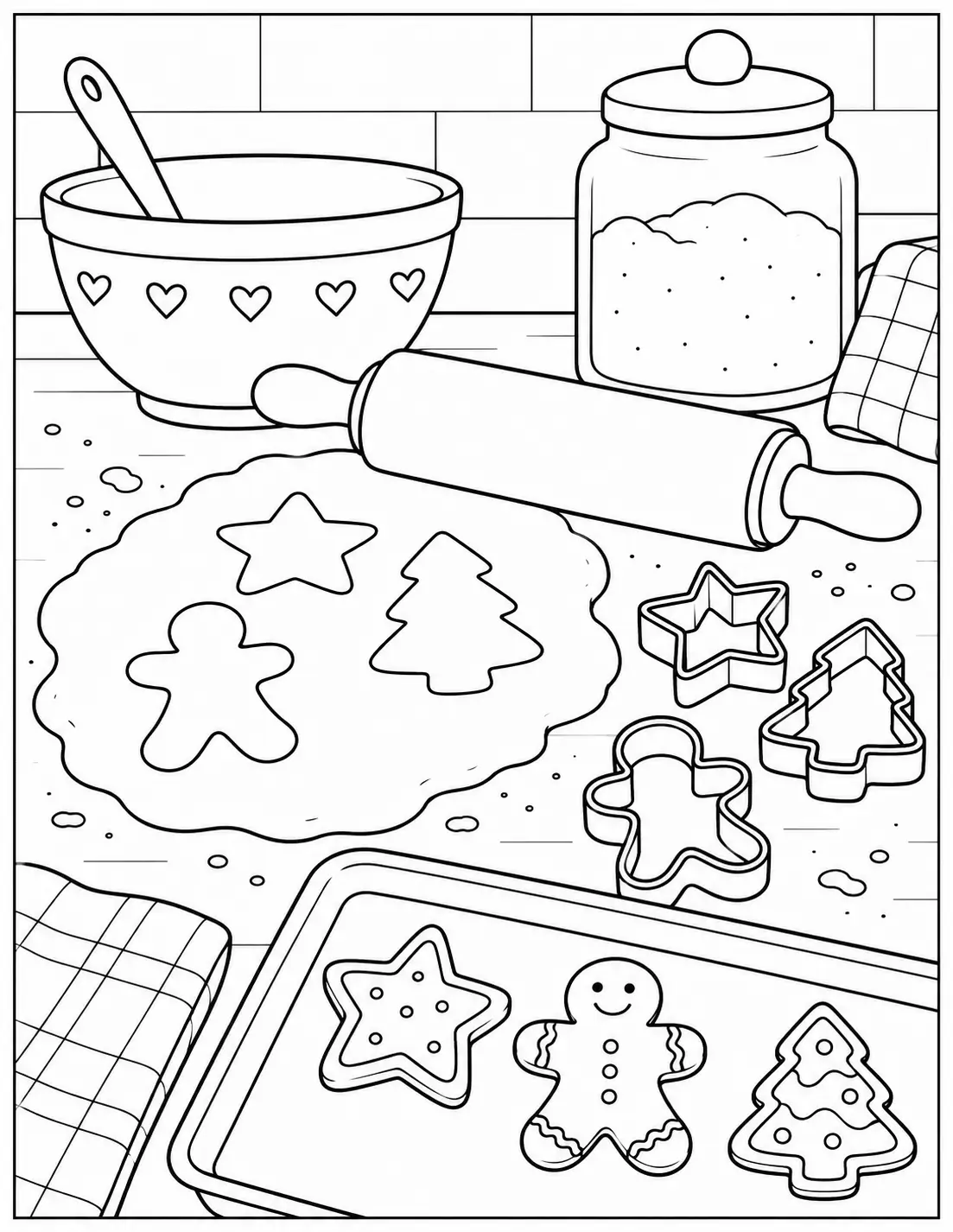 Christmas cookie baking scene with rolling pin, dough and cookie cutters coloring page