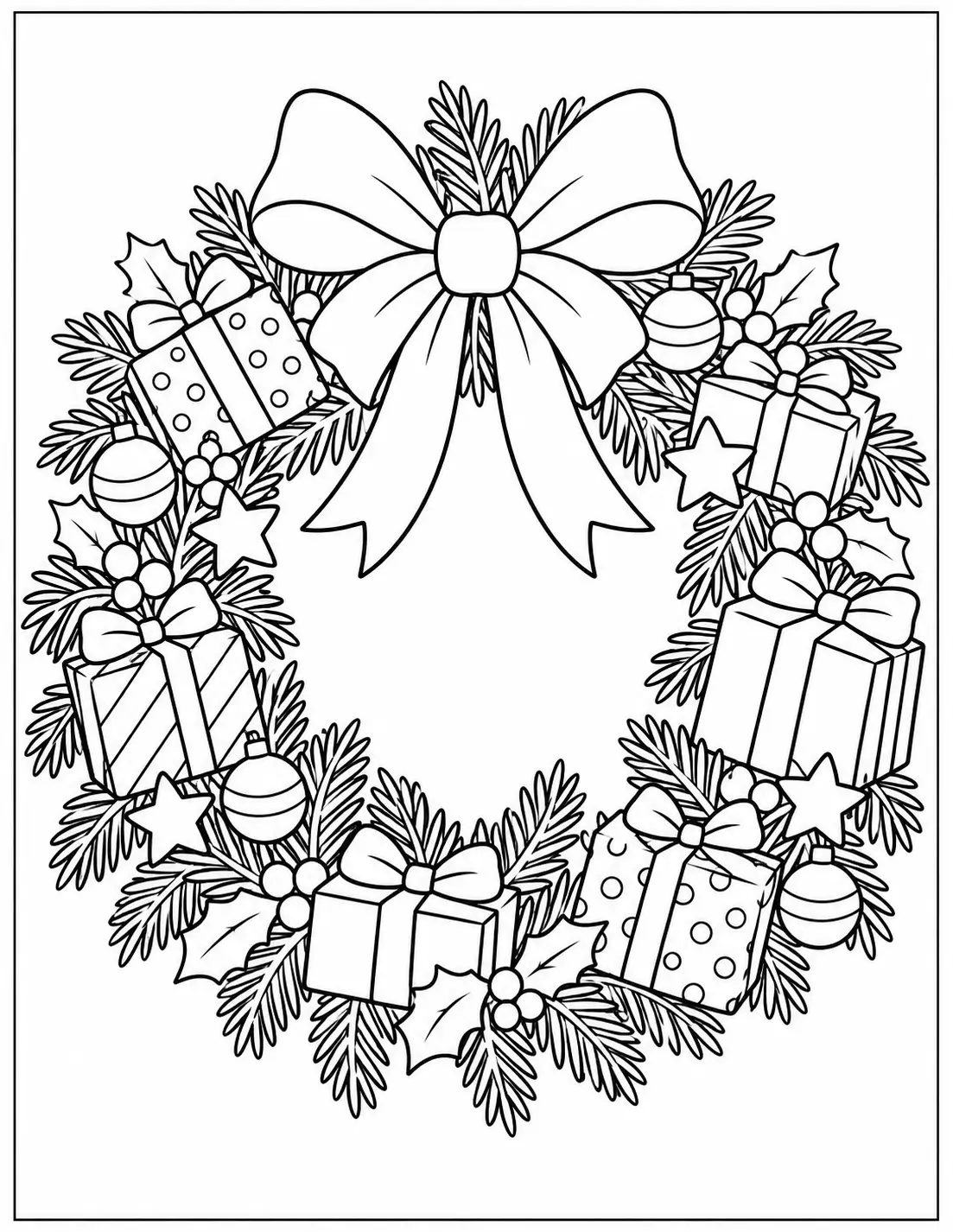 Christmas wreath decorated with wrapped gifts and stars coloring page