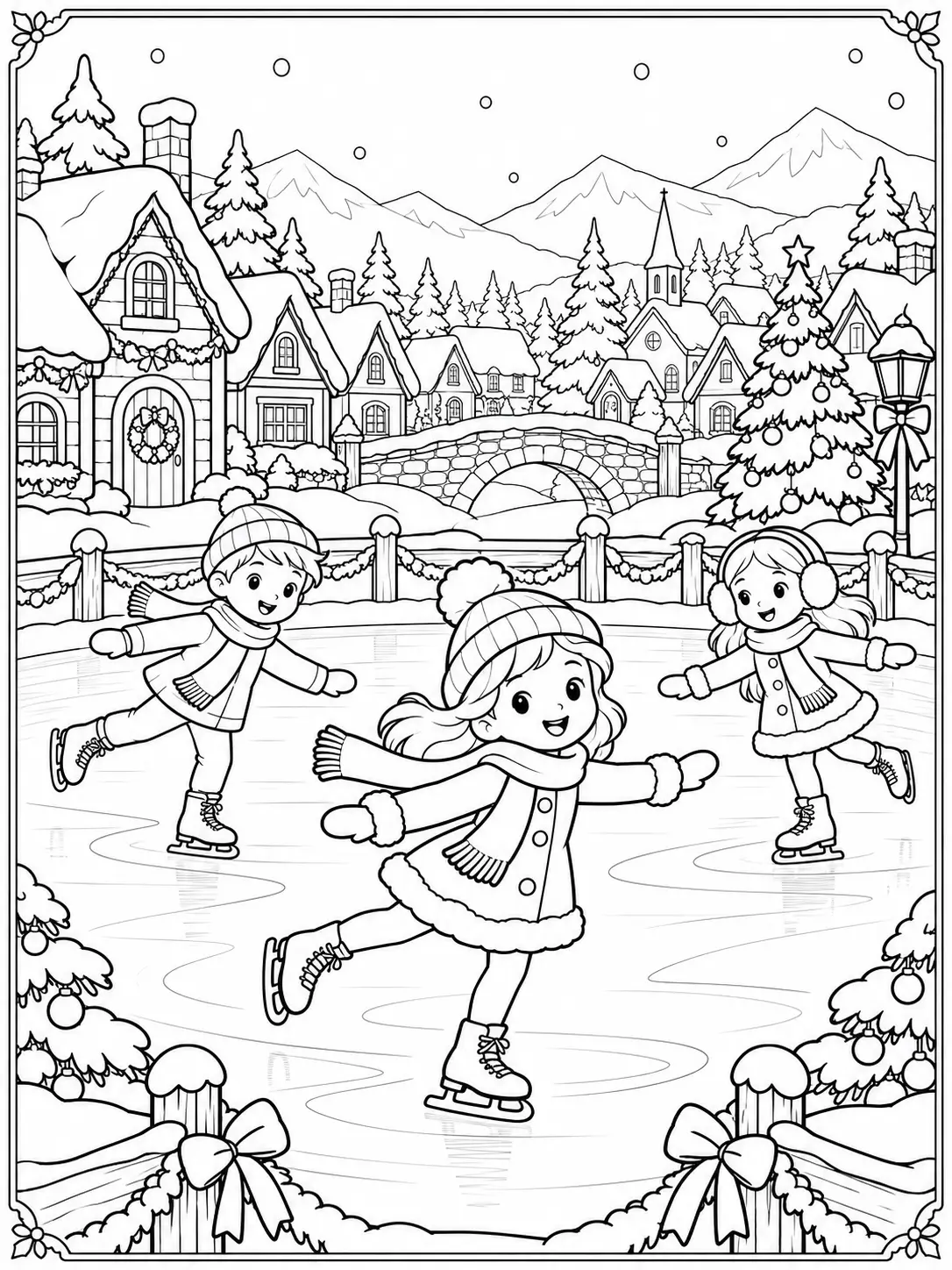 Children ice skating on a frozen pond in a snowy Christmas village