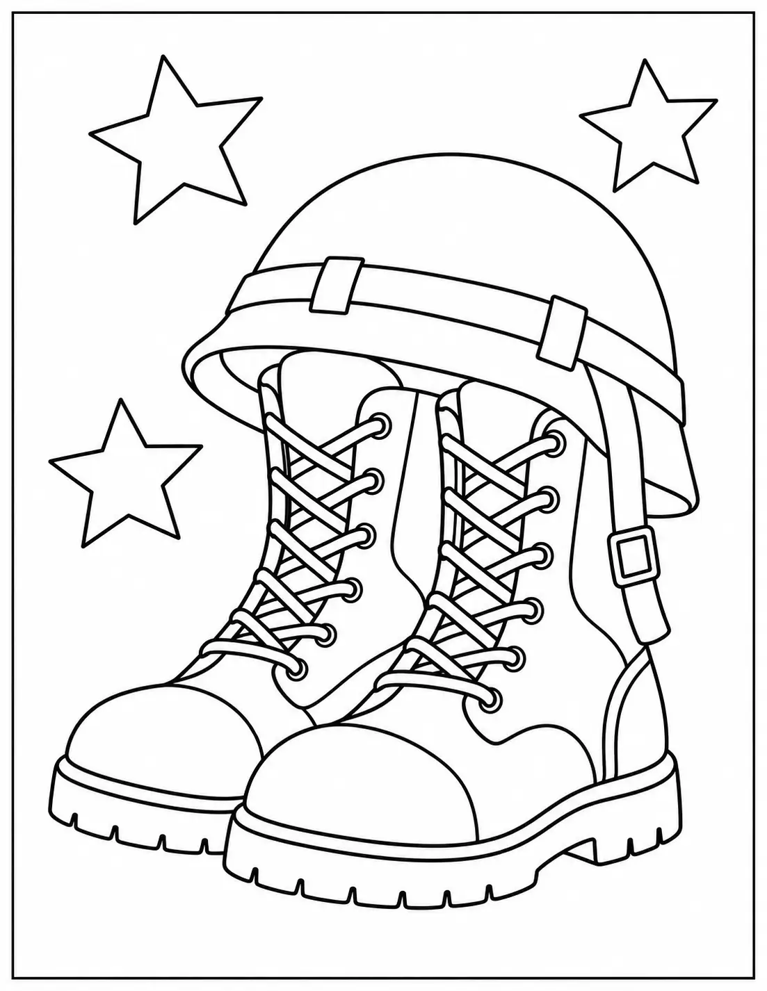 Military helmet resting above a pair of lace-up boots with stars coloring page