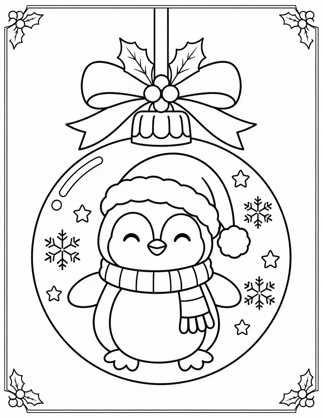 Cute penguin wearing a Santa hat inside a Christmas ornament coloring page