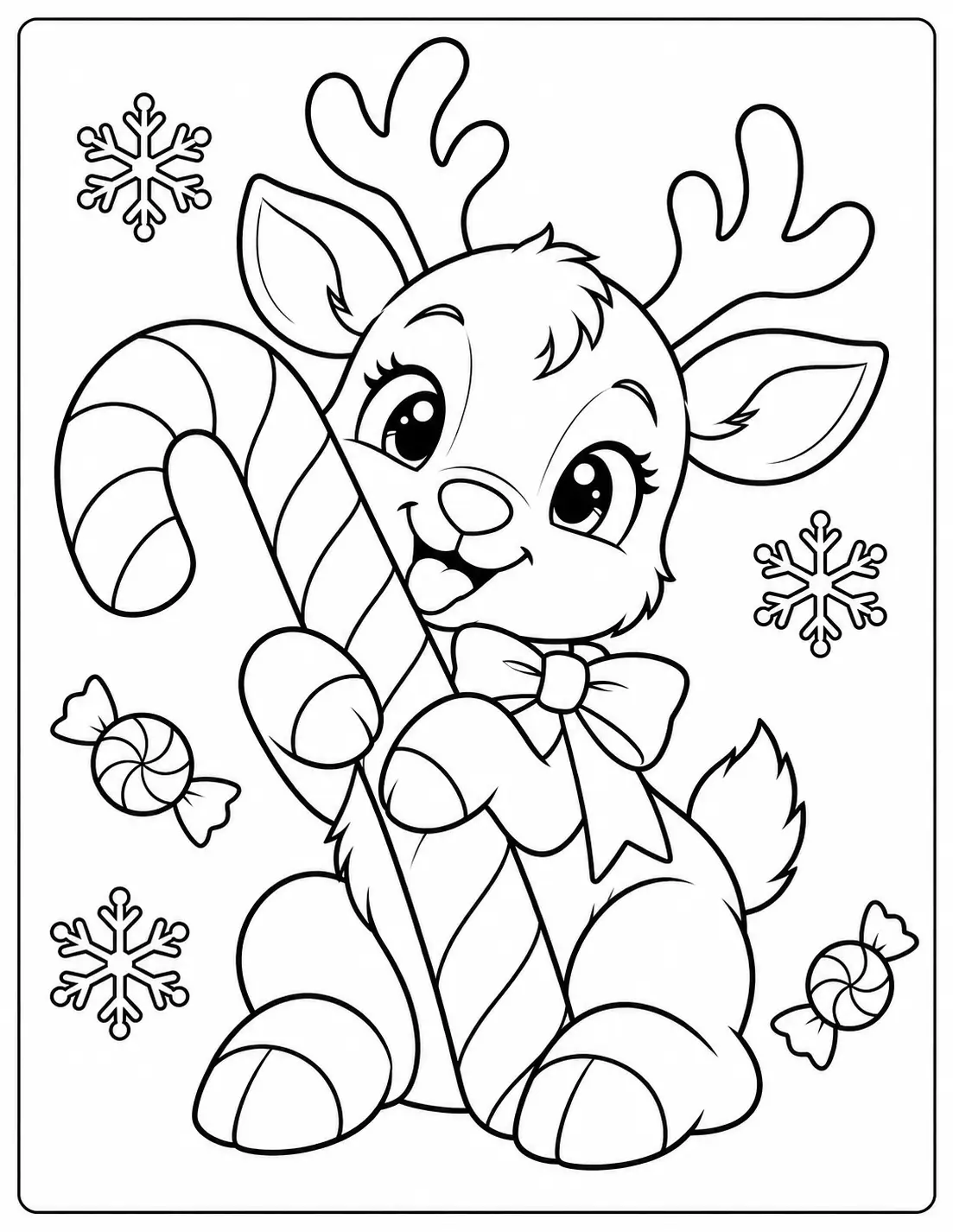 Cute reindeer holding a striped Christmas candy cane coloring page