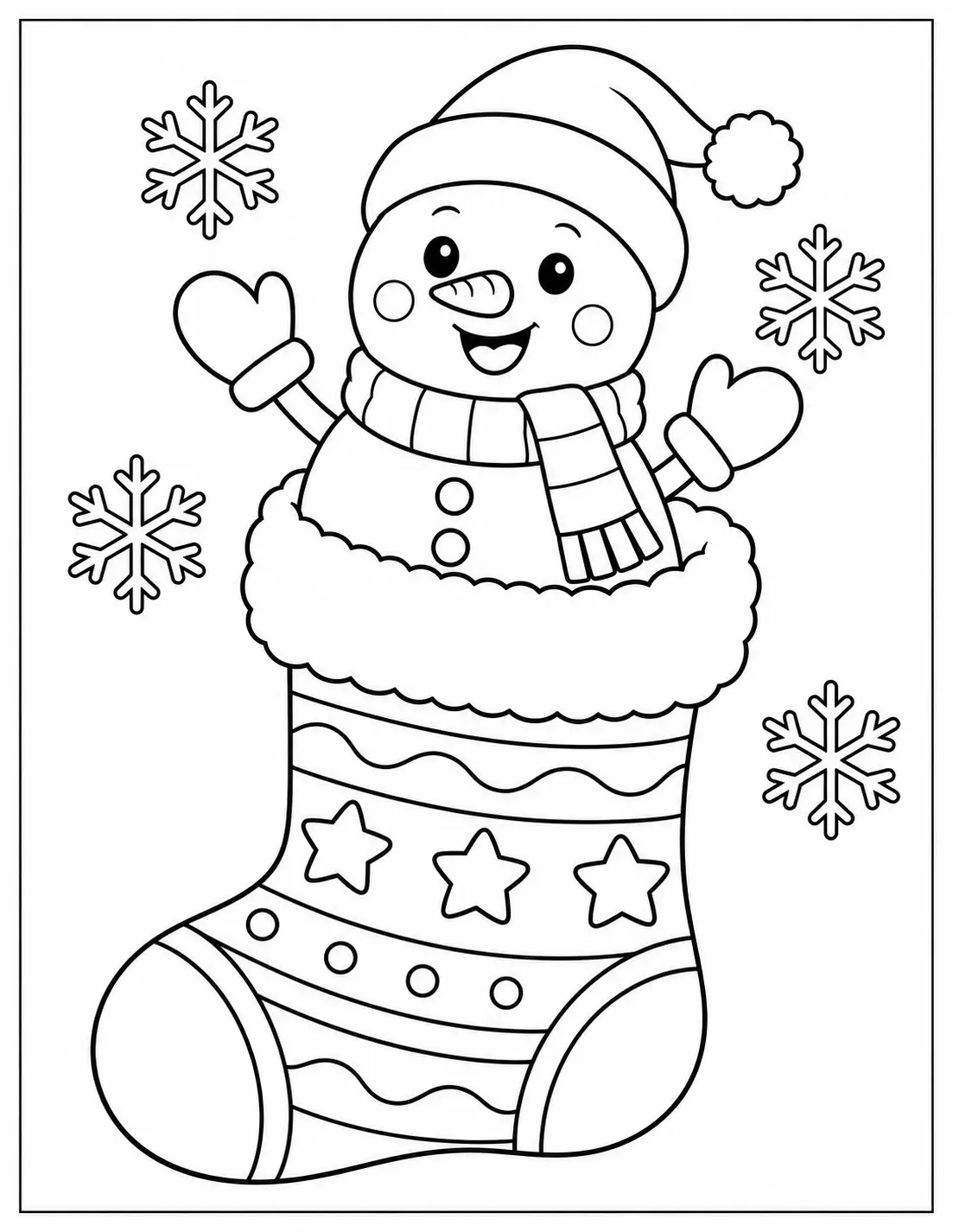 Happy snowman wearing a scarf and hat inside a Christmas stocking coloring page