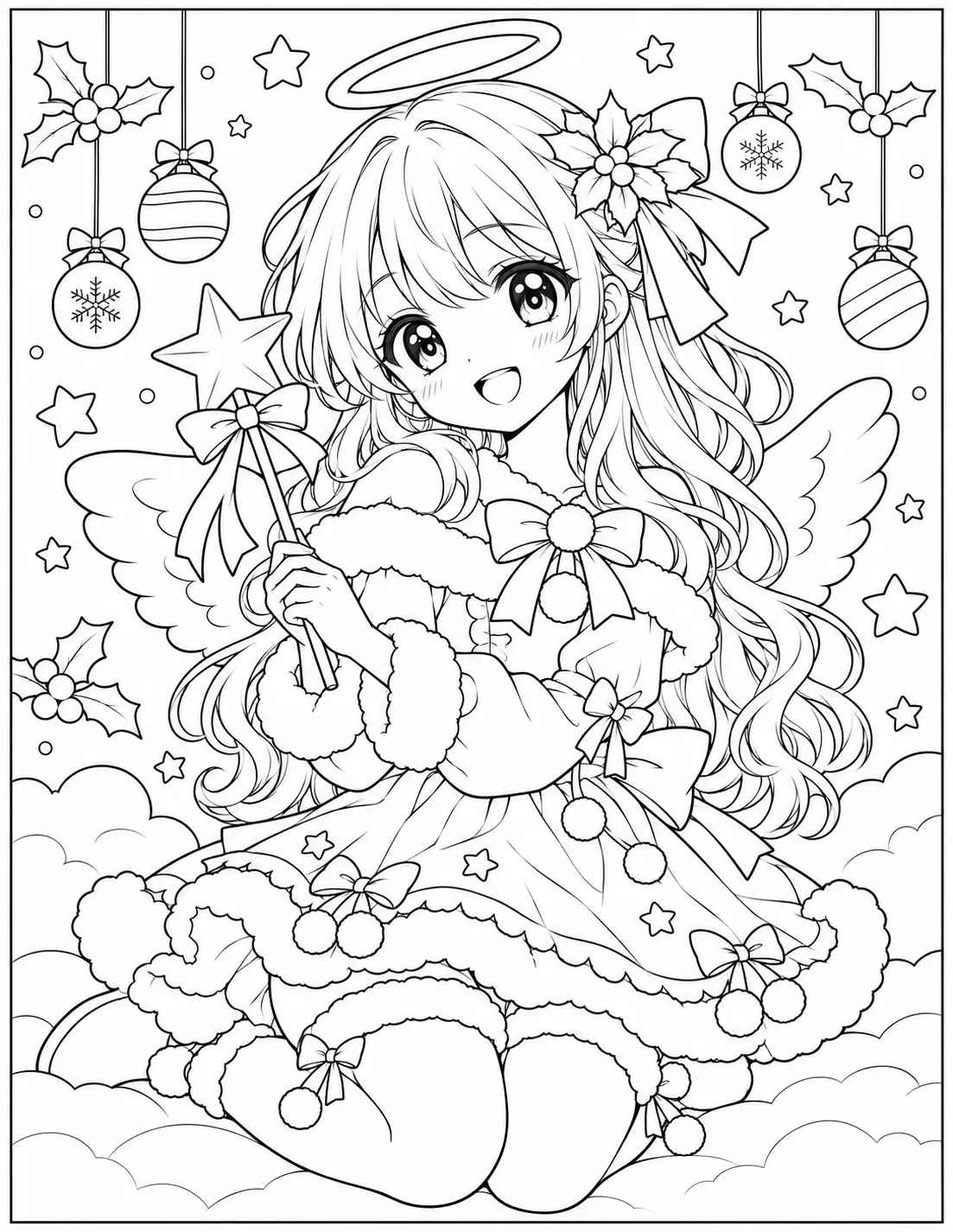 Christmas angel anime girl with wings halo and star wand coloring page