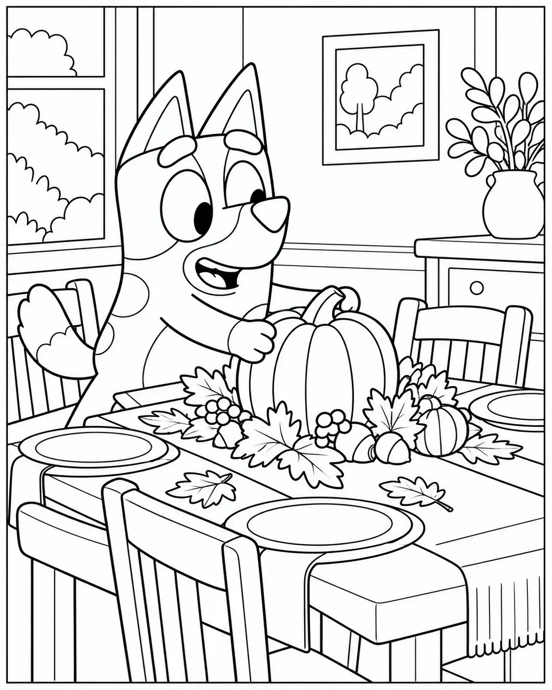 Bluey decorating a Thanksgiving table coloring page