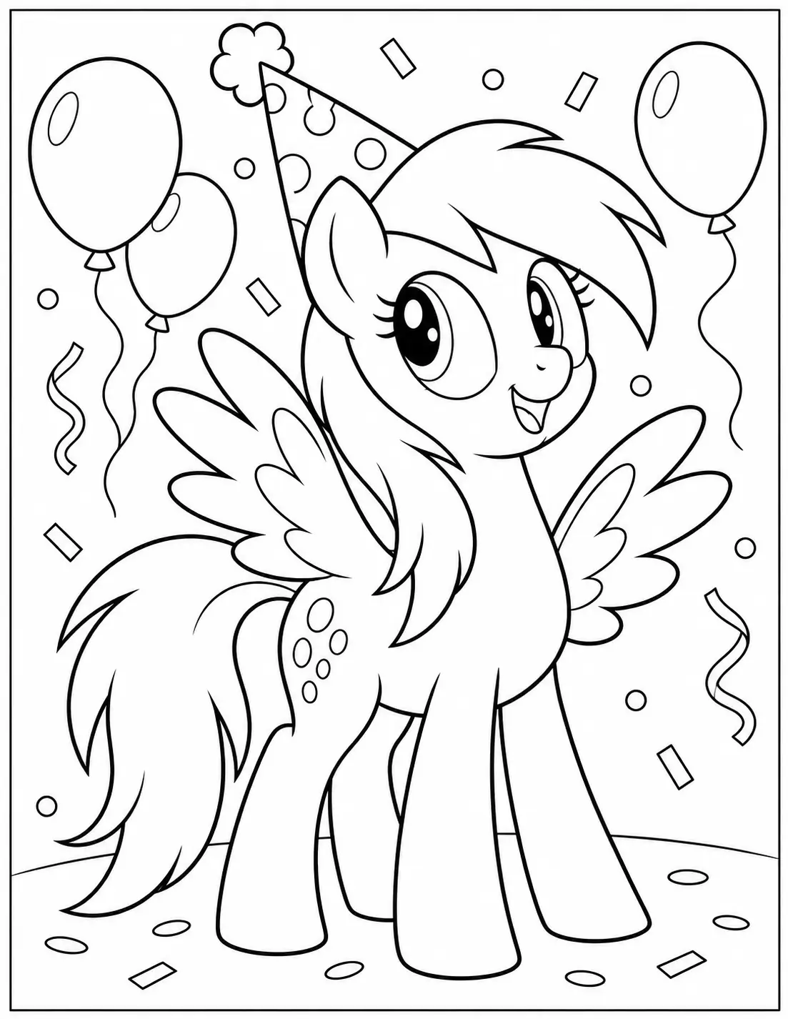 Derpy Hooves wearing a party hat with balloons coloring page