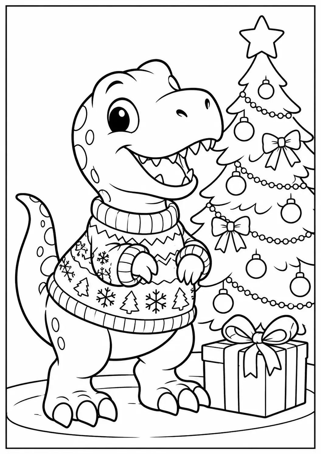 T-Rex wearing a patterned Christmas sweater beside a decorated tree coloring page