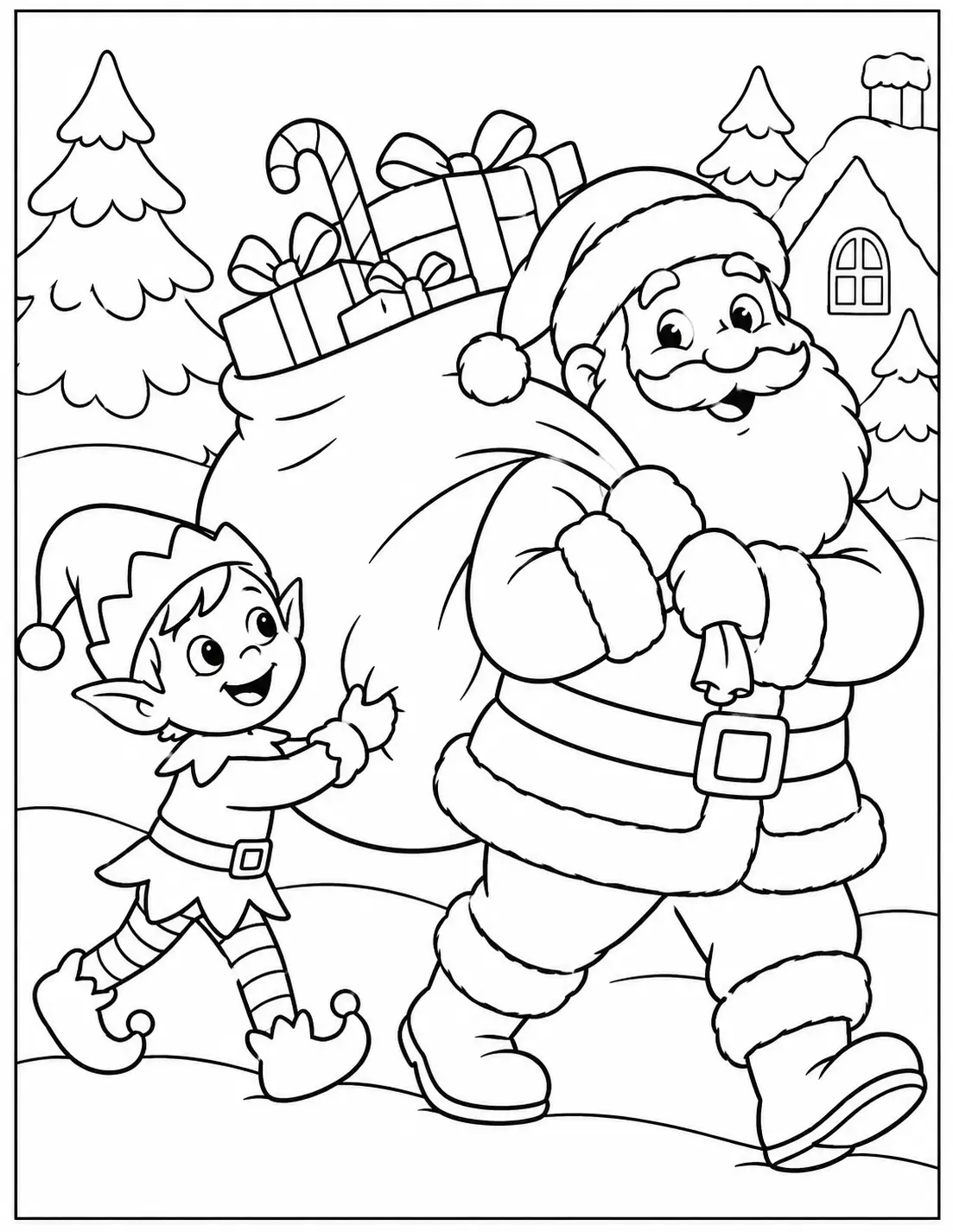 Santa Claus carrying a sack of presents with help from an elf coloring page