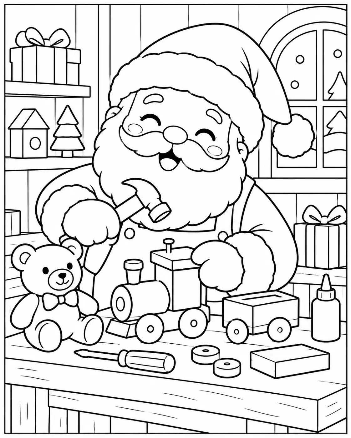 Santa Claus making a wooden toy train at his Christmas workshop coloring page