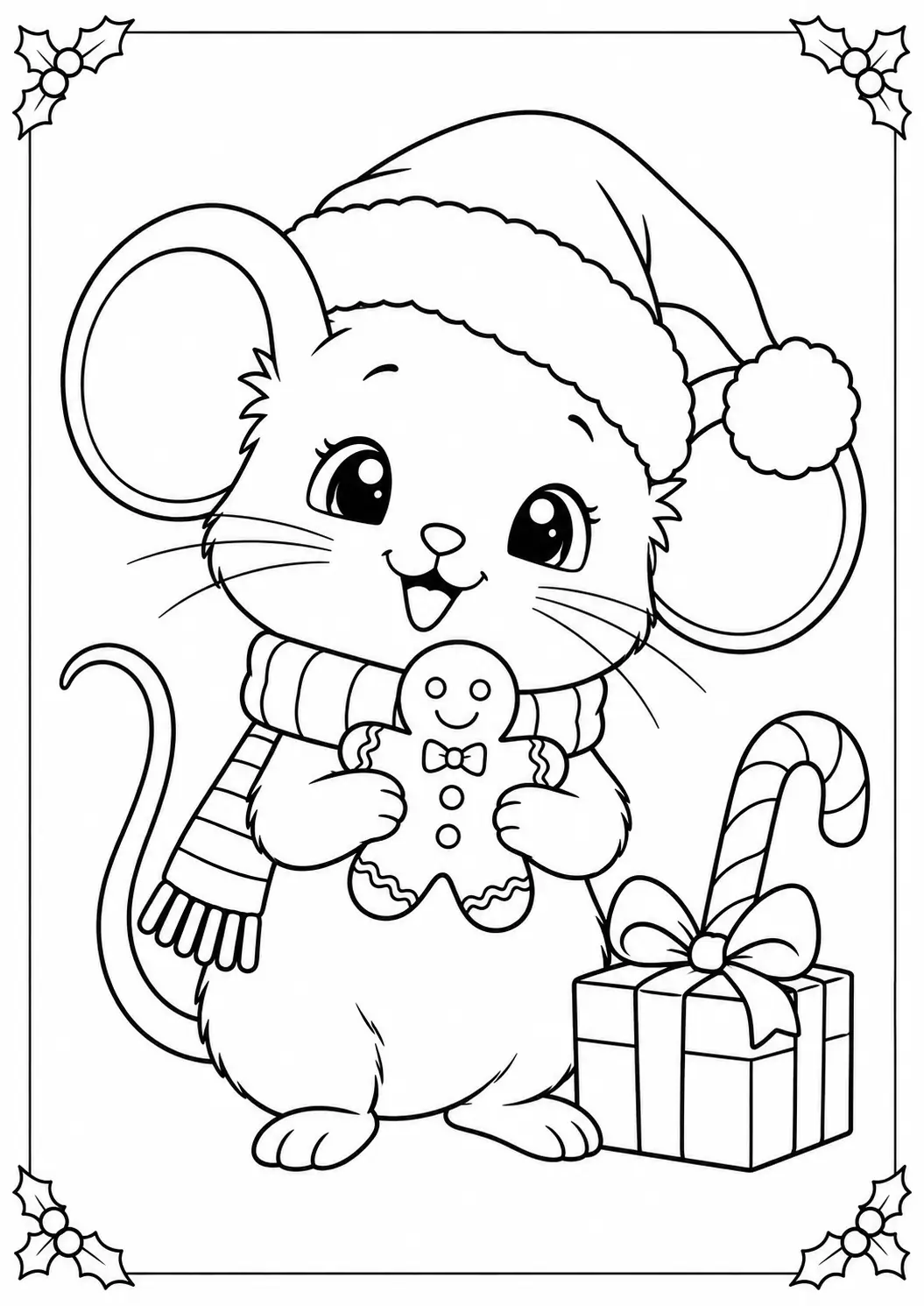 Christmas mouse in Santa hat holding a smiling gingerbread cookie coloring page