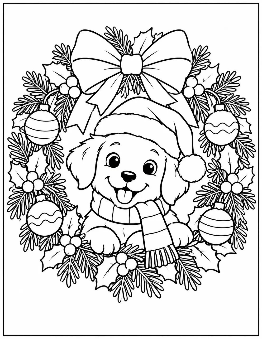 Cute Christmas puppy wearing a Santa hat inside a wreath coloring page
