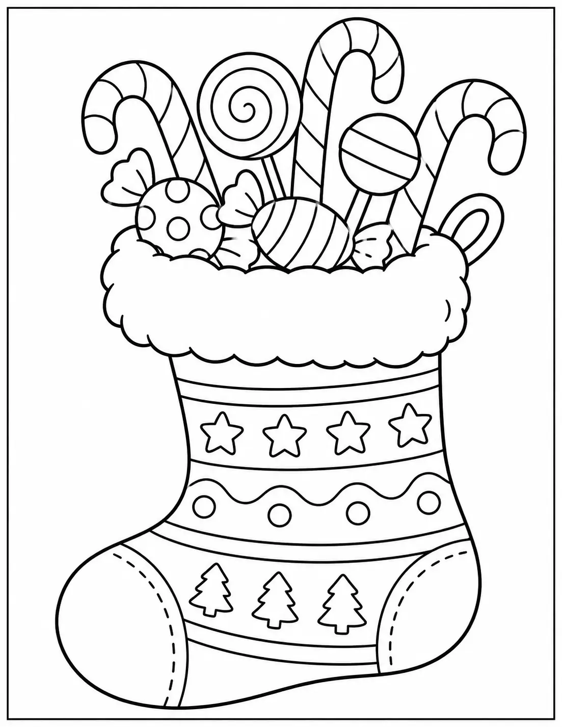 Christmas stocking filled with candy canes, lollipops, and wrapped sweets coloring sheet