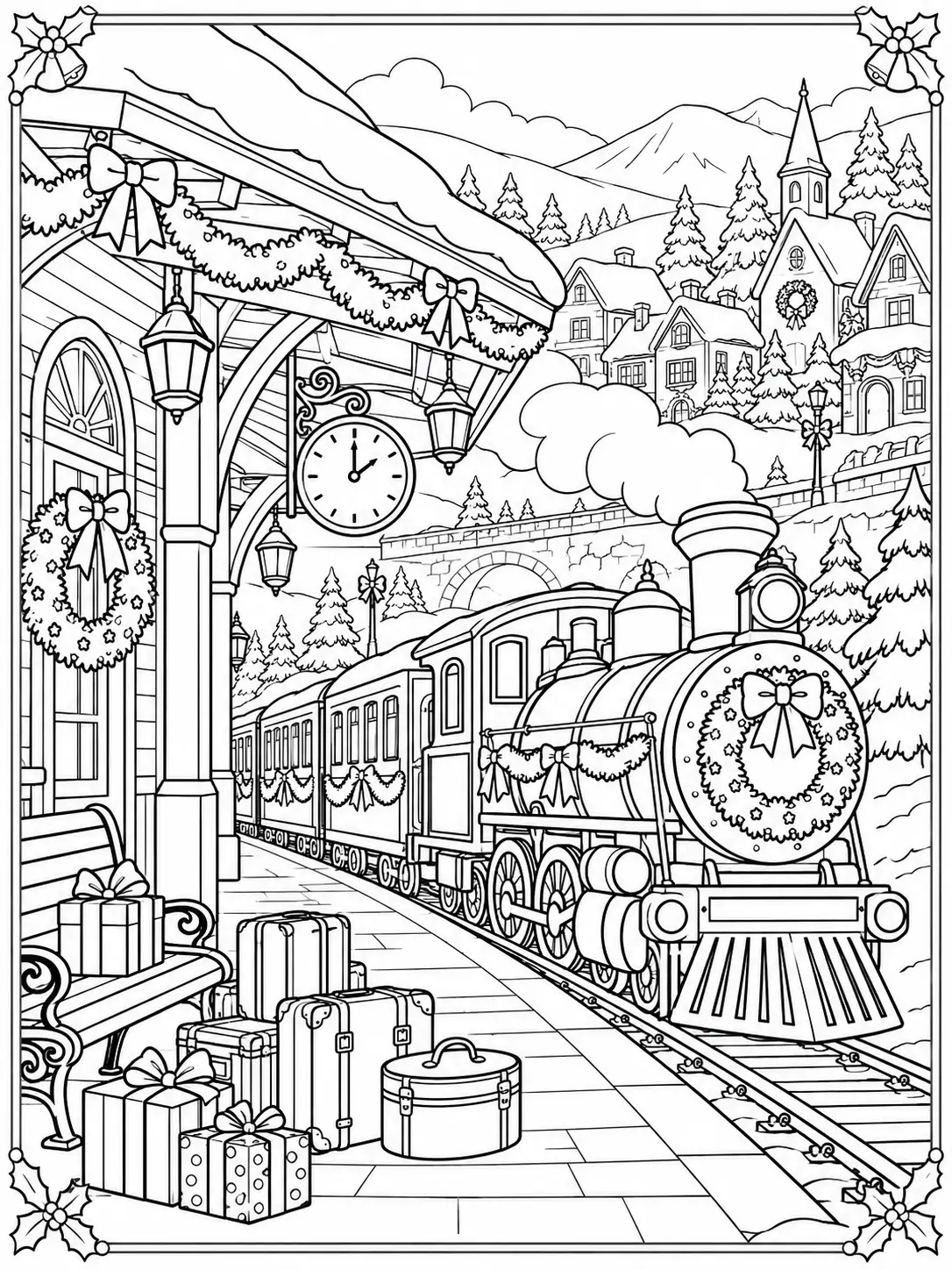 Christmas village steam train at a decorated station with gifts, luggage, and snow-covered roofs