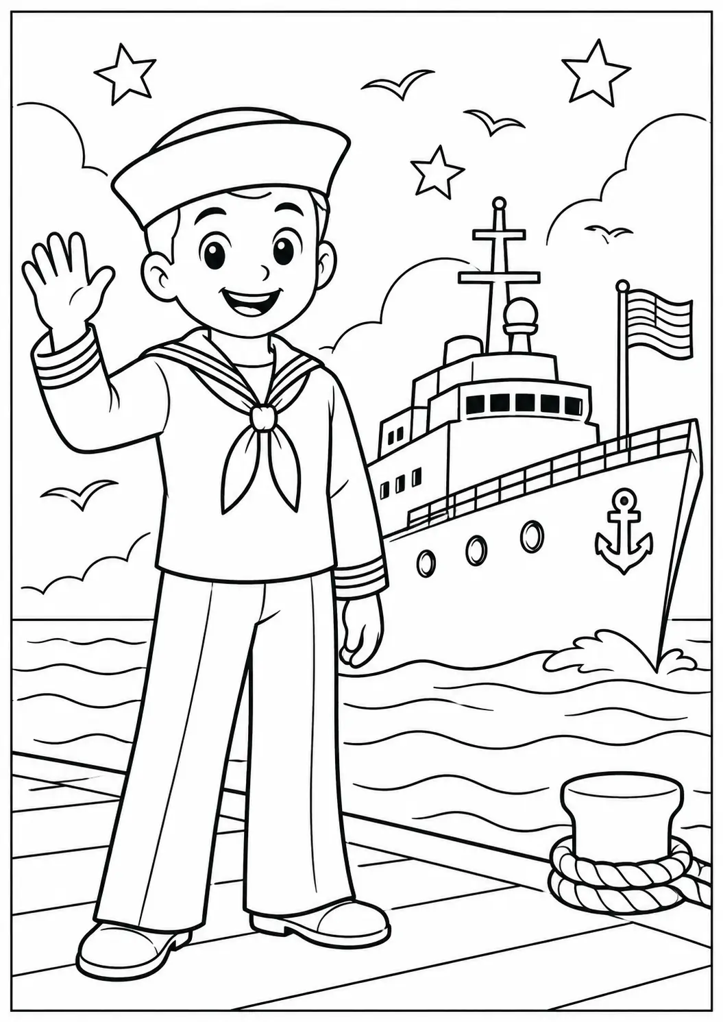 Happy Navy sailor waving beside a ship at the dock coloring page