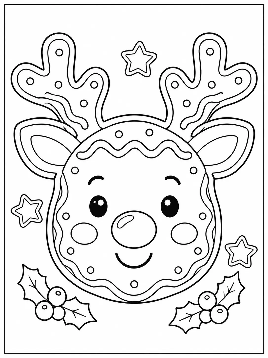 Smiling reindeer cookie face with antlers and holly coloring page