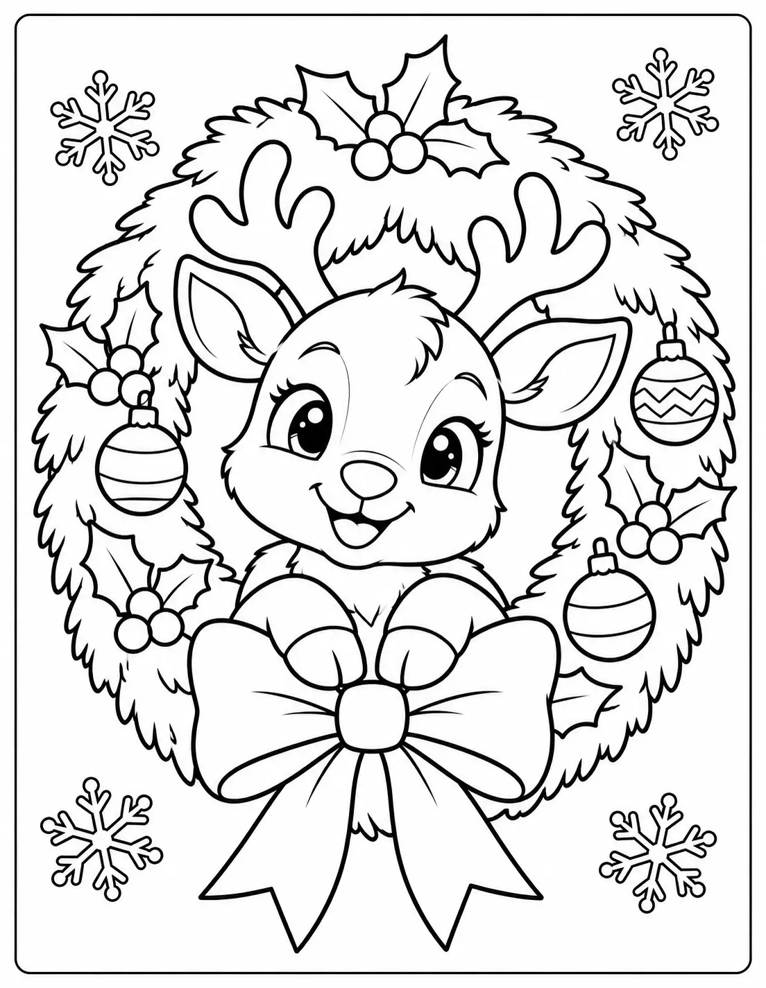 Baby reindeer peeking through a decorated Christmas wreath coloring page