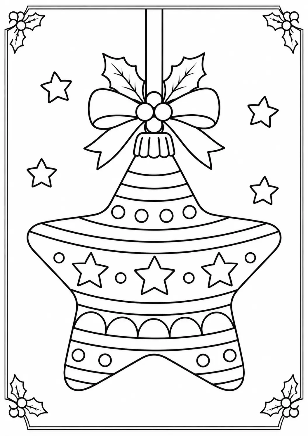 Hanging star-shaped Christmas ornament decorated with stripes and dots coloring page