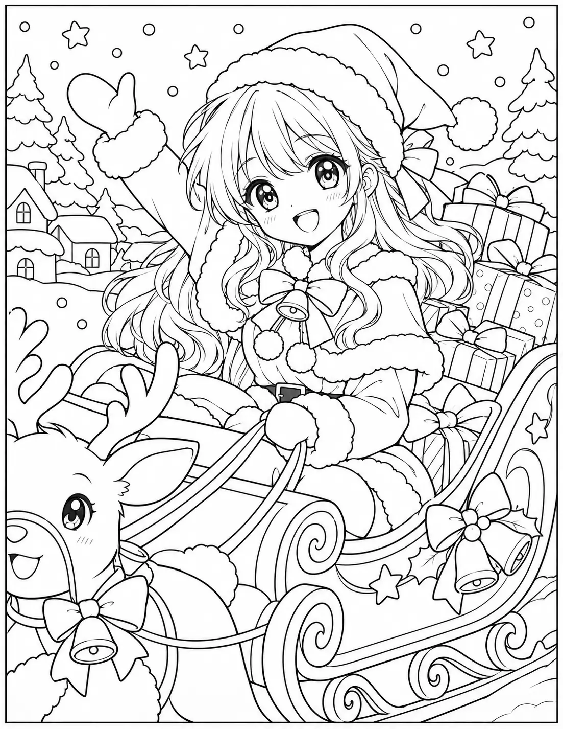 Anime girl riding in a Christmas sleigh with presents and reindeer coloring page