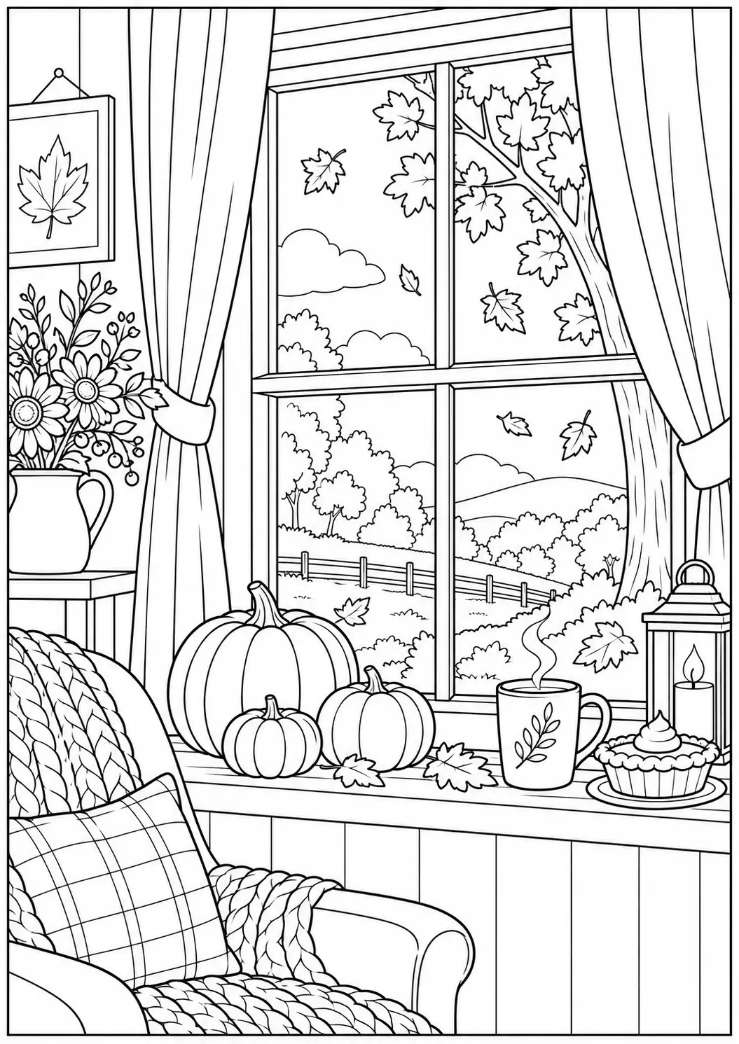 Autumn window scene adult Thanksgiving coloring page