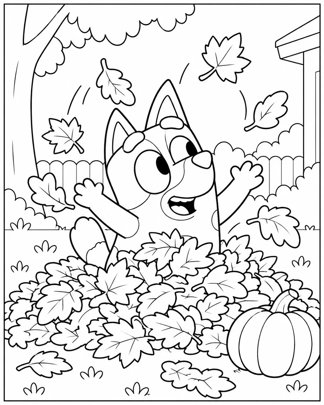 Bingo playing in autumn leaves coloring page