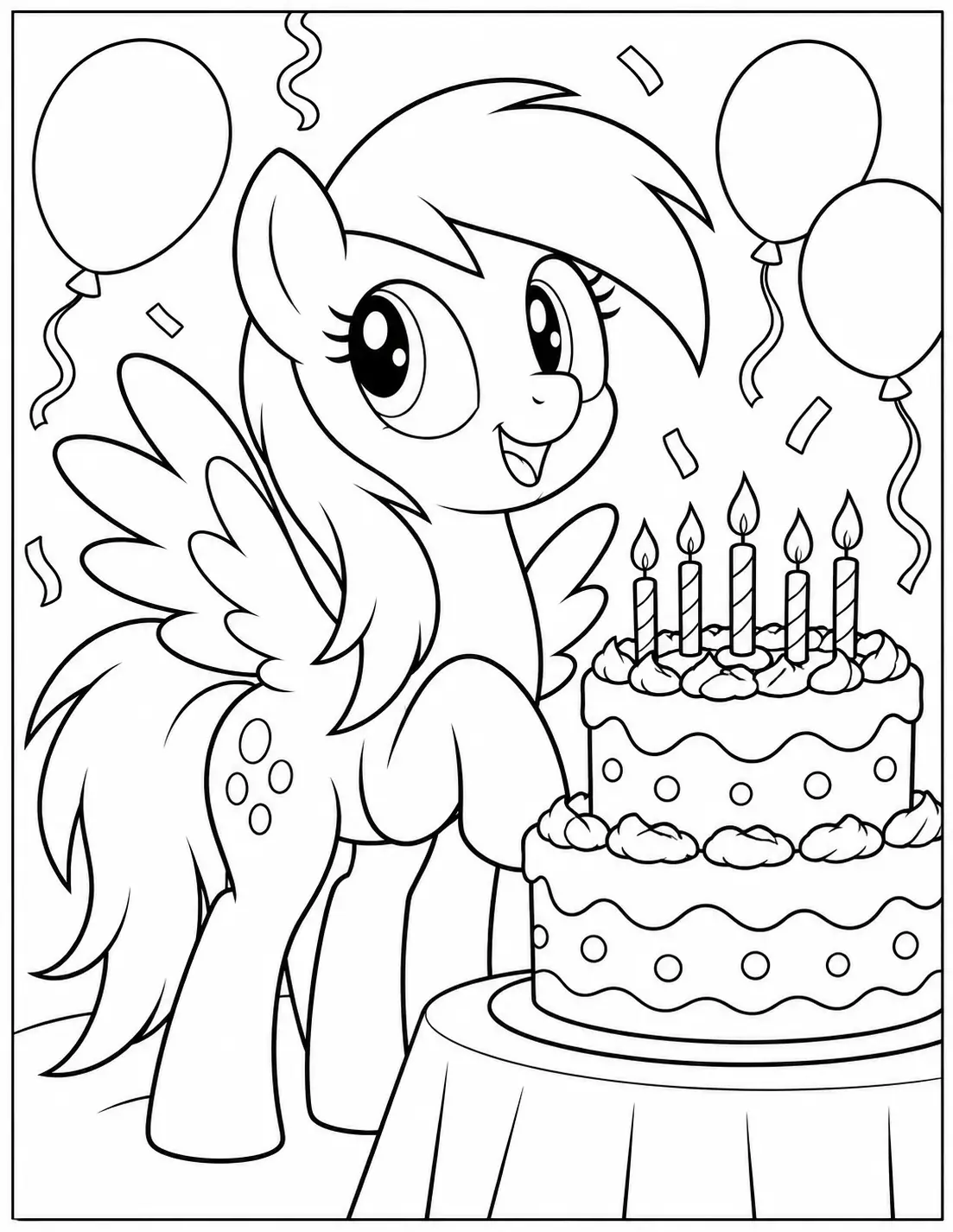 Derpy Hooves beside a birthday cake with candles coloring page