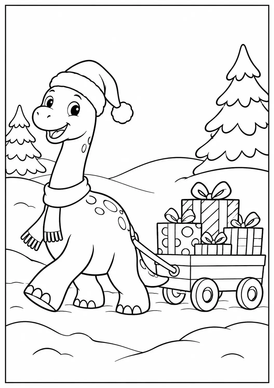 Long-necked dinosaur pulling a wagon full of Christmas presents in the snow coloring page
