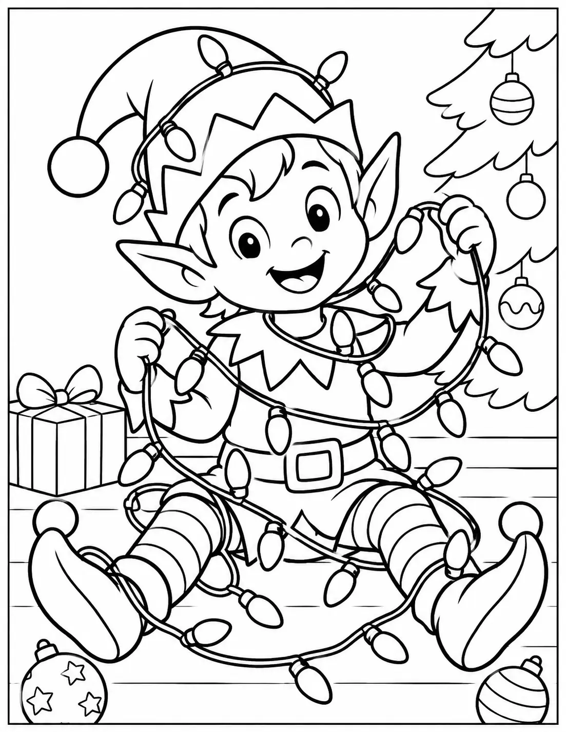 Funny Christmas elf sitting tangled in a string of holiday lights coloring page